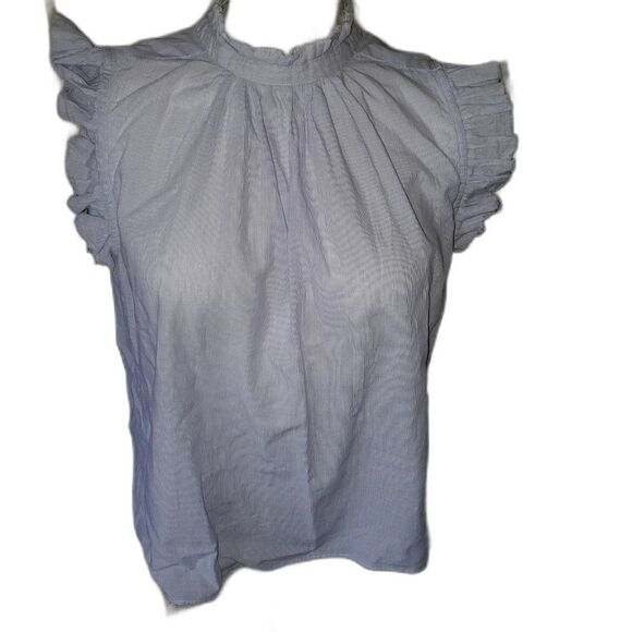 Frame Boho Ruffle Pleated Sleeveless Pinstripe Top Blue/White Sz M Retail $255 - Picture 10 of 14
